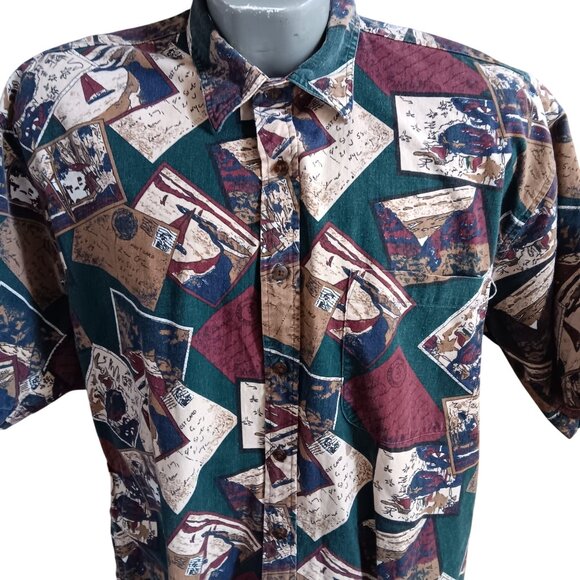 Vintage Men's Shirt Large American Eagle Outfitters Cotton Postcard Print USA - Picture 1 of 5